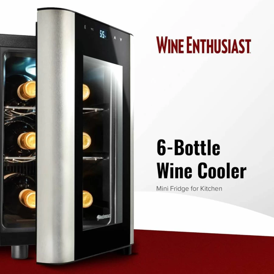 Wine Enthusiast 6-Bottle Compact Wine Cooler - Energy-Efficient Mini Fridge with Digital Temperature Control for Kitchen, Bedroom, or Office