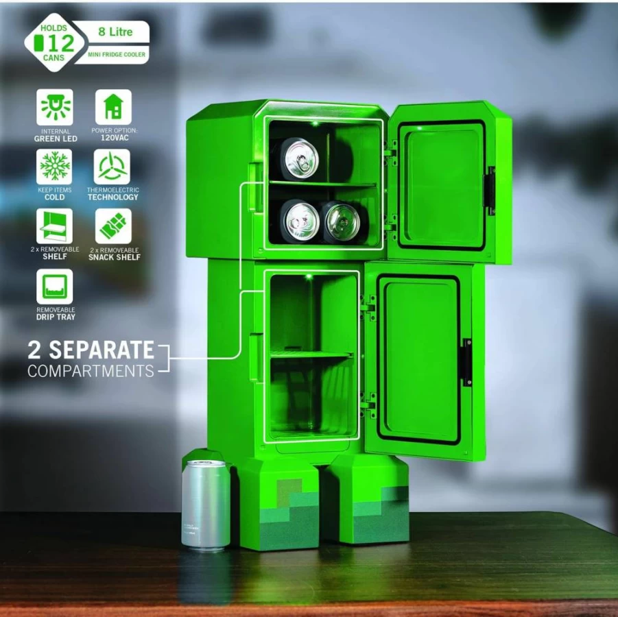 Ukonic Minecraft Creeper Mini Fridge 12 Can Cooler AC/DC Portable for Gaming Room