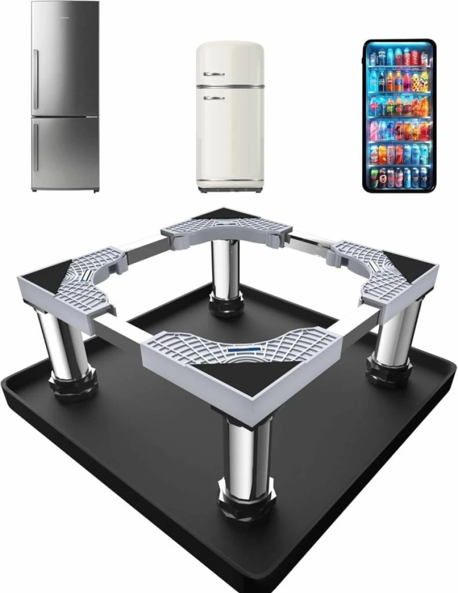 Flamiracle Adjustable Mini Fridge Stand with Non-Slip Silicone Mat, 24x24 Inch Appliance Riser with Stainless Steel Feet for Refrigerator, Washer, Dryer - Leak Protection & Space Saving Solution