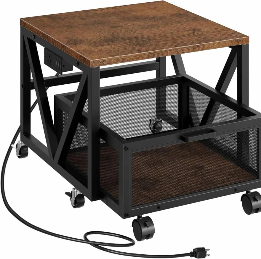 HOOBRO Mini Fridge Stand with Wheels, Metal Cabinet with Charging Station & Storage Basket, Rustic Brown & Black for Home, Office, Dorm - Model BF255UTL01