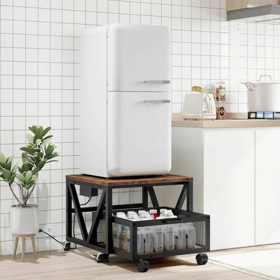 HOOBRO Mini Fridge Stand with Wheels, Metal Cabinet with Charging Station & Storage Basket, Rustic Brown & Black for Home, Office, Dorm - Model BF255UTL01