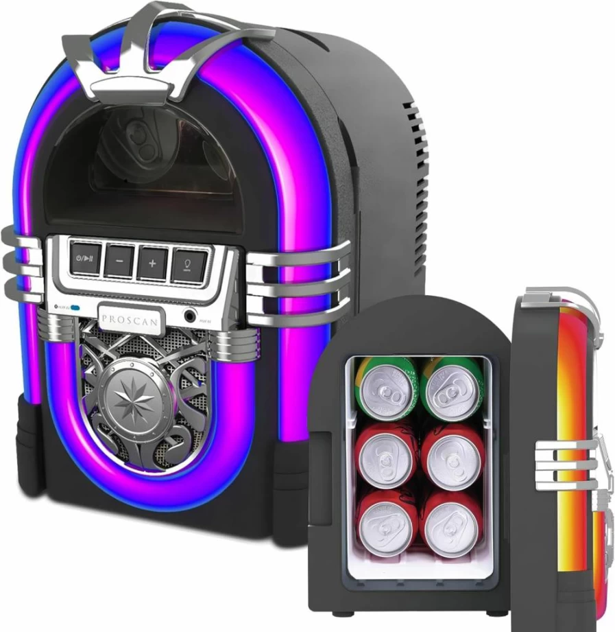 PROSCAN PM1S157 6-Can Mini Bluetooth Beverage Cooler with Built-in Speaker, Portable Fridge for Home, Office, Dorm, AC/Car Power, Removable Shelf, Multicolor