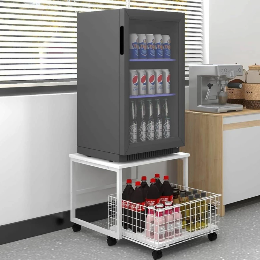 PUNCIA 19.7x19.7 Inch Rolling Mini Fridge Cart with Storage Basket - Heavy Duty Mobile Beverage Refrigerator Stand for Home, Office, Dorm