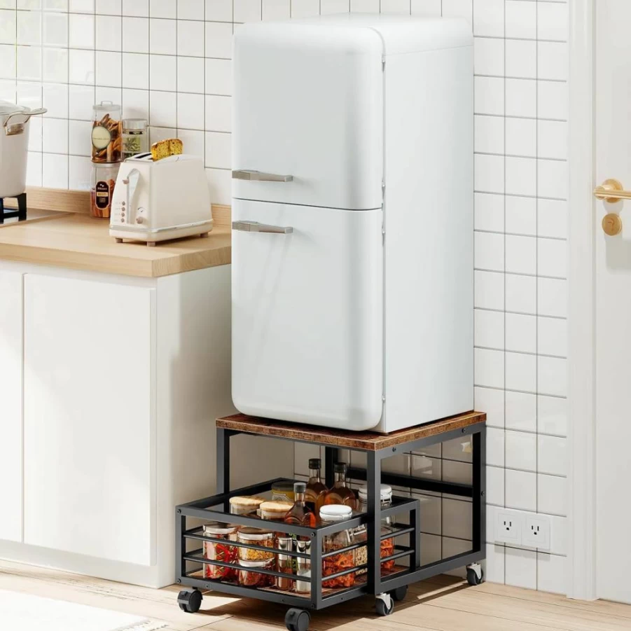 HOOBRO Mini Fridge Stand with Wheels - Adjustable Metal Cabinet with Storage Basket for Home, Office, Dorm - Rustic Brown & Black BF155TL01