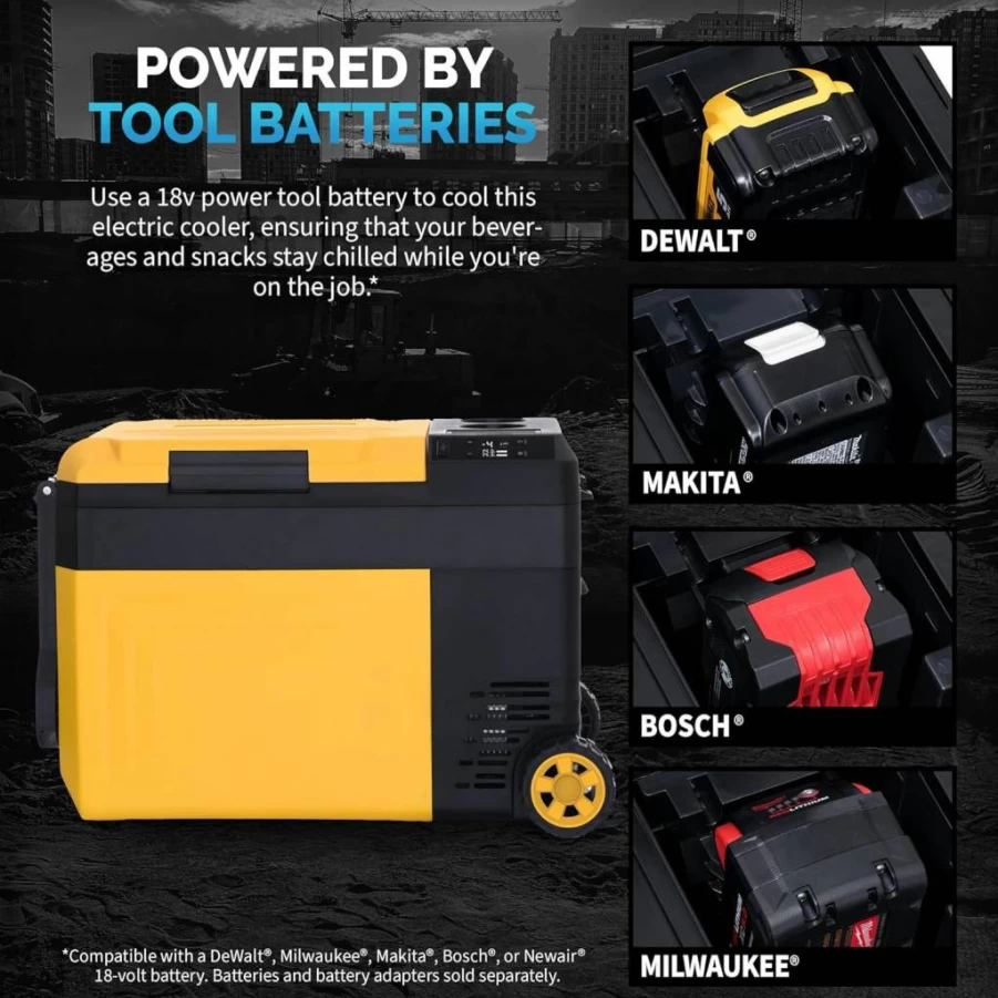 NewAir 25 Quart Portable Electric Cooler – 12V Car Fridge, Rechargeable Battery Powered Cooler for Camping, Jobsite, and Travel, Compatible with DeWalt, Bosch, Makita, Milwaukee Tool Batteries