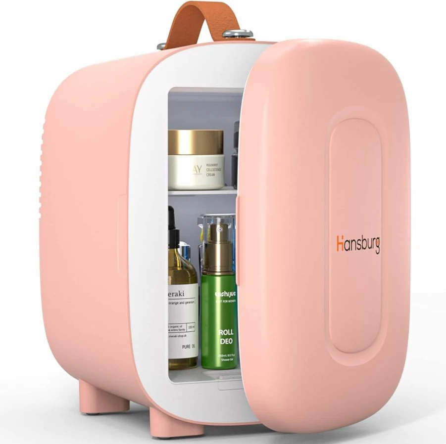 Hansburg 4L Mini Fridge - Portable Skincare Cooler & Warmer for Bedroom, Office, Car - 12V/AC/DC/USB Powered Small Refrigerator for Food, Drinks, Makeup (6 Can Capacity)