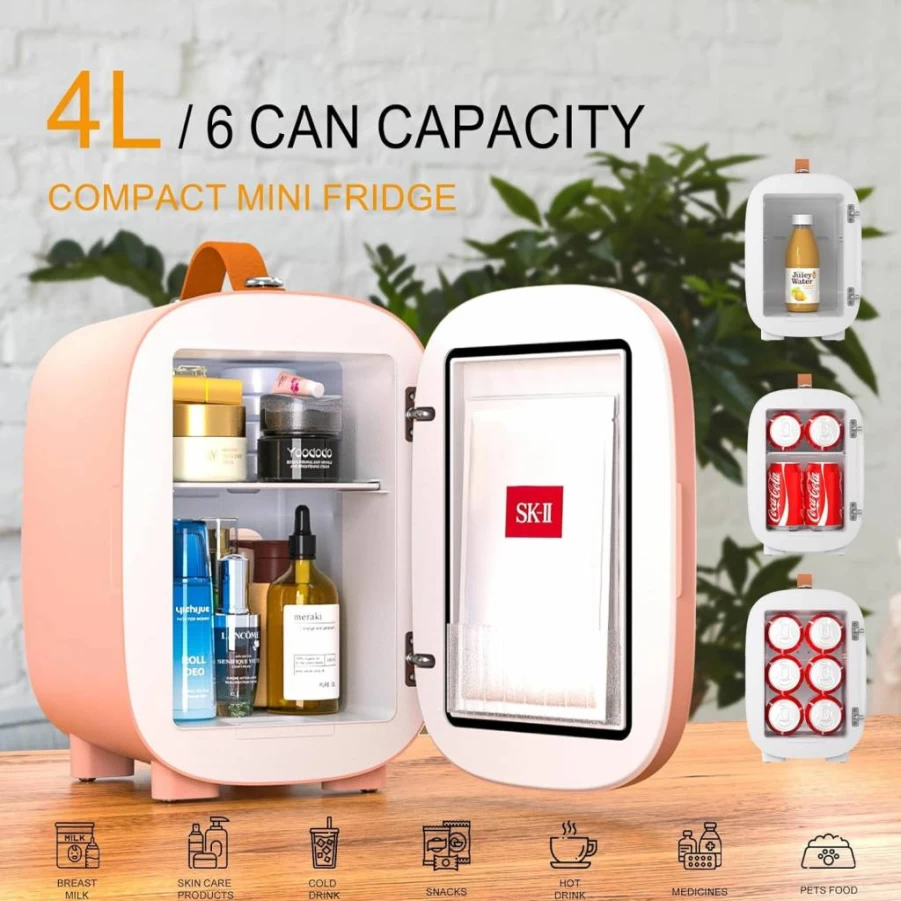 Hansburg 4L Mini Fridge - Portable Skincare Cooler & Warmer for Bedroom, Office, Car - 12V/AC/DC/USB Powered Small Refrigerator for Food, Drinks, Makeup (6 Can Capacity)