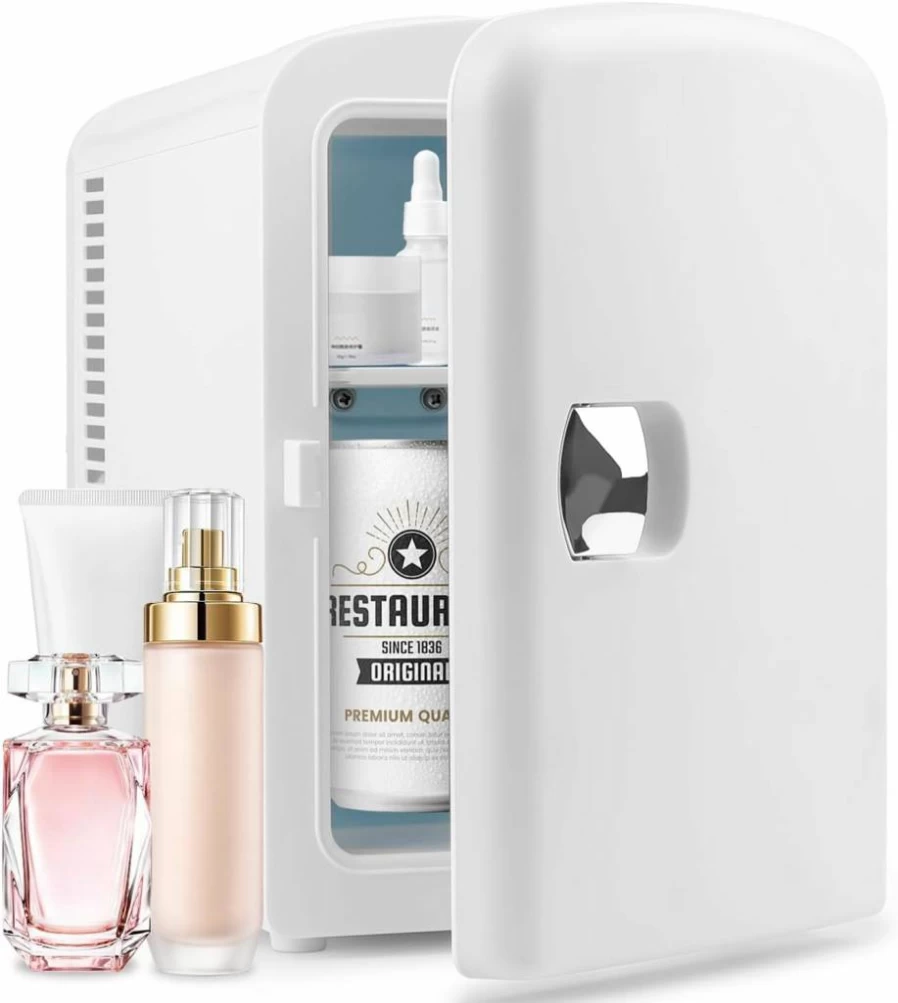 PERSONAL CHILLER 4L Portable Mini Fridge for Skincare, Beverages, Home & Bedroom - Low Noise, Compact, Pink-White Design