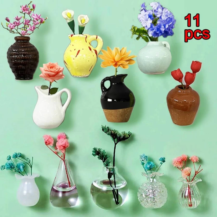 Peach 11-Piece Mini Ceramic Bud Vases with Magnetic Base for Fridge, Office & Locker Decor - Cute Tiny Flower Vase Magnets for Refrigerator
