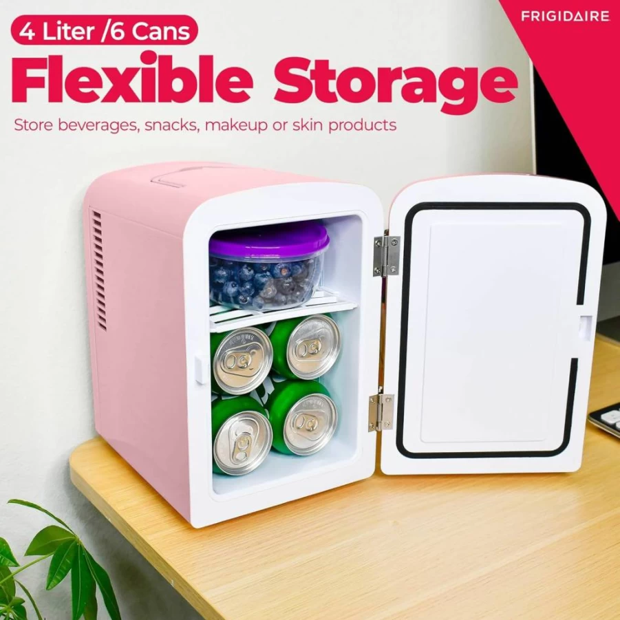 Frigidaire Mini Portable Fridge - 4L Compact Cooler for 6 Cans, Makeup & Skincare, Eco-Friendly Freon-Free Design, Includes Home Plug & 12V Car Adapter, Yellow