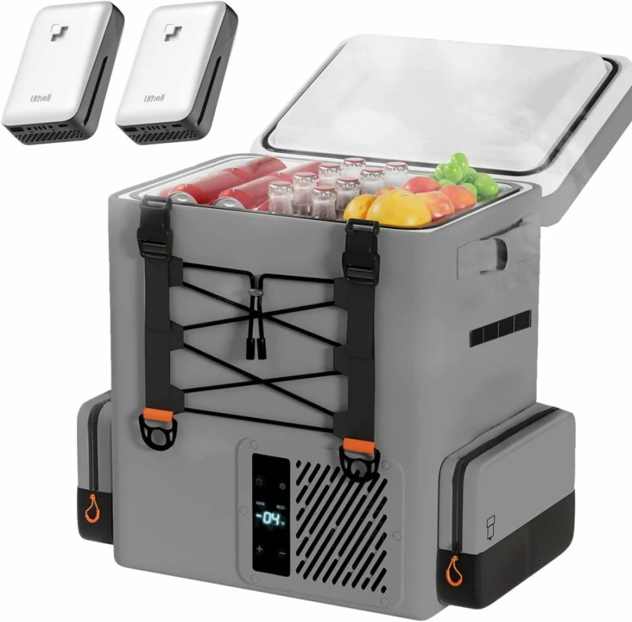 LiTHELi 12V/24V Portable Car Refrigerator 20L Electric Cooler, -4°F to 68°F, 55W DC/AC Powered Freezer for Camping, Road Trips, RV, EBike with Rechargeable Battery (Beige)