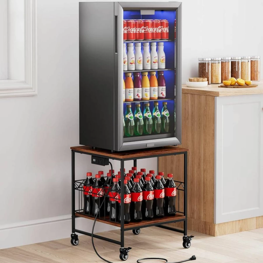 Portin Heavy Duty Appliance Stand with Wheels - 220Lb Capacity for Mini Fridge, Microwave, Charging Station, USB Ports & Outlet - Home, Office, Dorm, Kitchen Storage Cart