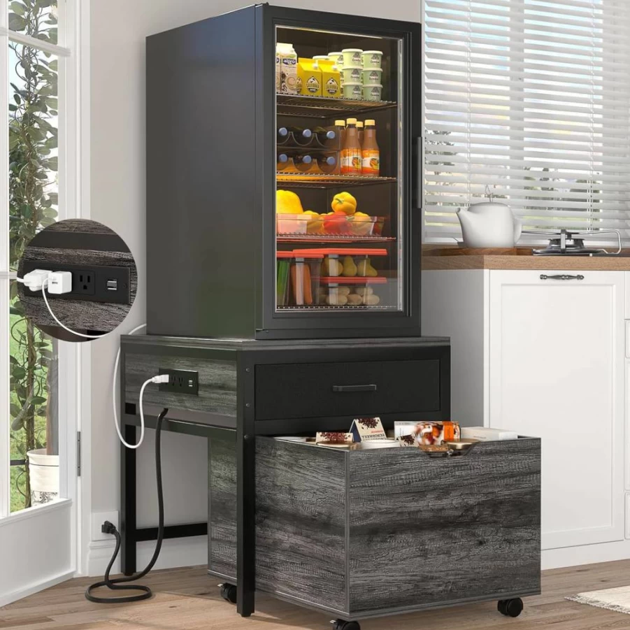 Unikito Mobile Mini Fridge Stand with Lockable Wheels, 22.8"L x 21.6"W Storage Shelf with Power Outlet & Drawer, 300LB Capacity Heavy Duty Beverage Refrigerator Table, Black