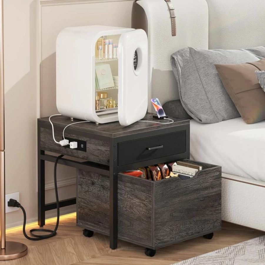 Unikito Mobile Mini Fridge Stand with Lockable Wheels, 22.8"L x 21.6"W Storage Shelf with Power Outlet & Drawer, 300LB Capacity Heavy Duty Beverage Refrigerator Table, Black